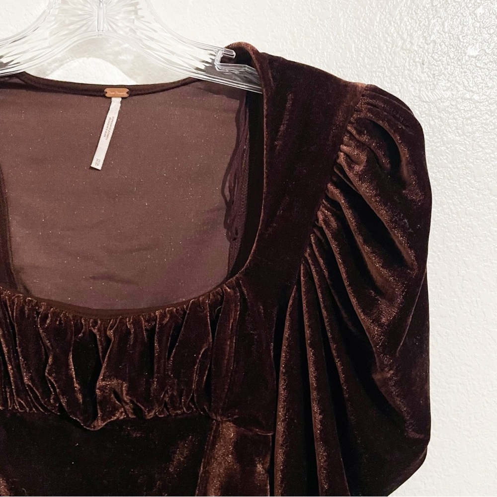 Free People Hold Me Velvet Long Puff Sleeve Top in Brown - Picture 6 of 9